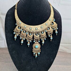 Boho Gypsy Statement Necklace Blue Beads - Cleopatra Necklace - Bohemian